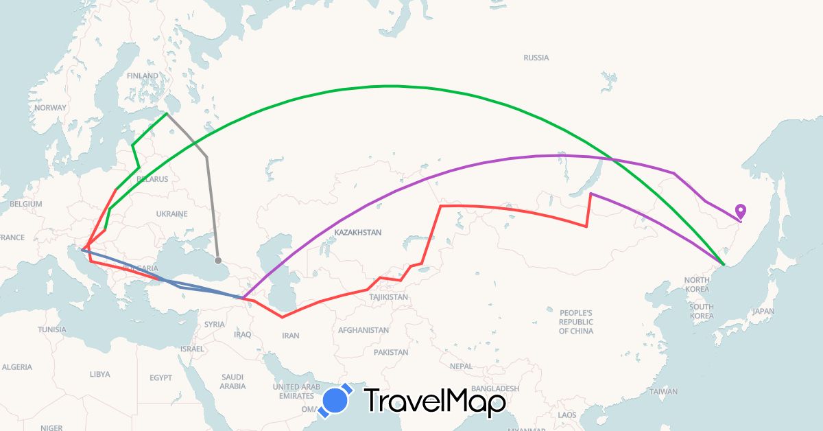 TravelMap itinerary: bus, plane, cycling, train, hiking in Croatia, Hungary, Iran, Kyrgyzstan, Kazakhstan, Lithuania, Latvia, Mongolia, Poland, Russia, Turkmenistan, Turkey, Uzbekistan (Asia, Europe)
